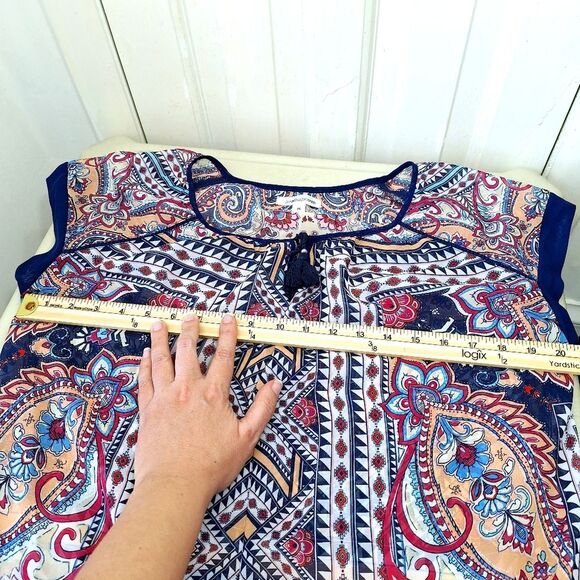 John Paul Richard Boho Bohemian Paisley Peasant Blouse Short Sleeves Sz M - Picture 10 of 11